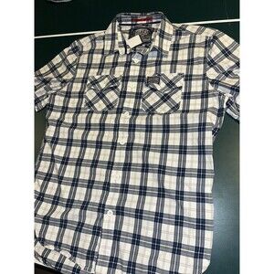 Men’s Superdry Button Up Down Shirt XL Plaid Pockets Short Sleeve White Navy